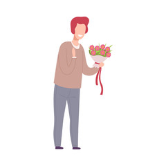 Young Man Holding Bouquet of Flowers, Holiday Congratulations, Romantic Date Vector Illustration