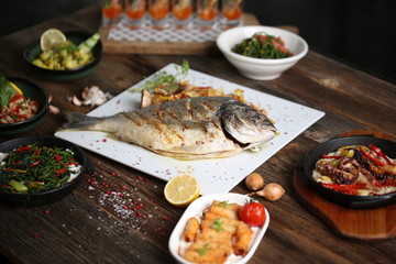 grilled sea bream steak with vegetables