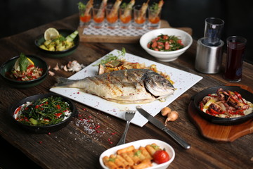 grilled sea bream steak with vegetables