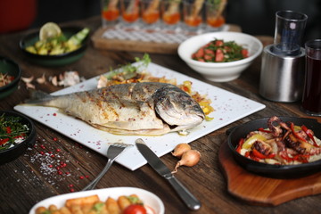 grilled sea bream steak with vegetables