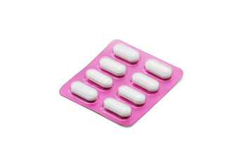 Close up on tablets and aspirin pills in blister packaging arranged on white background, Pharmaceutical industry medical and healthcare concept. Pharmacy drugstore, clipping path.