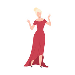 Beautiful Smiling Woman, Happy Attractive Blonde Girl Character Wearing Red Party Dress Flat Vector Illustration