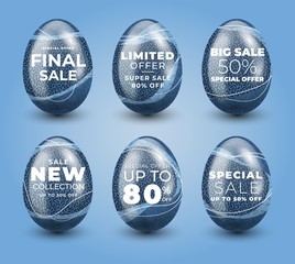 Traditional set sale of eggs in pastel shades on a light gradient background.