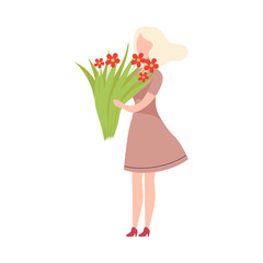 Beautiful Young Smiling Woman Holding Bouquet of Flowers, Happy Attractive Girl Character Wearing Casual Stylish Clothes Flat Vector Illustration