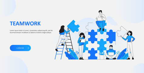 Teamwork and cooperation concept. Happy young office people combining jigsaw puzzle pieces together, office staff brainstorming on a new project, idea and solution concept, vector illustration