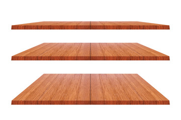 Set of brown wood shelves on isolated white background. Objects with clipping path for design work and decoration