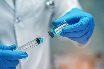 Fototapeta premium Novel Coronavirus (2019-nCoV) vaccine development medical with syringe for doctor use to treat pneumonia illness patients at Wuhan, China.