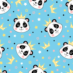 Vector cartoon seamless pattern with cute princess pandas, crowns and stars