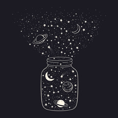 Vector space background with jar, constellations, planets, moon and stars