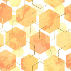 Seamless abstract geometric pattern with gold foil outline and yellow watercolor hexagons
