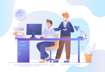 Two businessmen working together in an office discussing data on a desktop computer monitor in a teamwork concept, colored vector illustration - obrazy, fototapety, plakaty