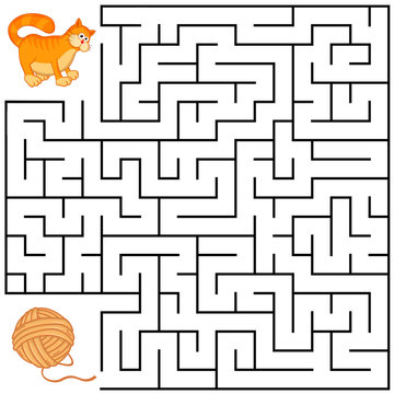 Square maze for kids with cartoon Cat. Find right way to the Tangle. Entry and exit. Puzzle Game with answer. Learning Labyrinth conundrum. Education worksheet. Activity page. Logic Games for kids.