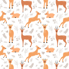 Seamless pattern with deer, doe, roe deer on the background of a tree, plant, bush and different elements. Vector illustration