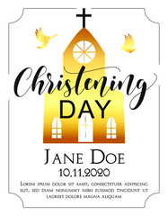 Christening Invitation with gold church. Template in Vector about Baptism ceremony