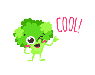 Cartoon drawing veggie emoji. Hand drawn emotional meal.Actual Vector illustration abroccoli. Creative ink art work food and word