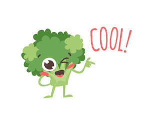 Cartoon drawing veggie emoji. Hand drawn emotional meal.Actual Vector illustration abroccoli. Creative ink art work food and word