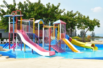 Modern children's Playground. Water slides in the water Park.