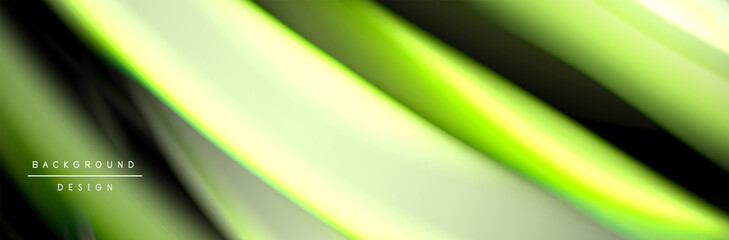 Silk and smooth flow wave poster design. Color waves, liquid style lines and shapes in black color background