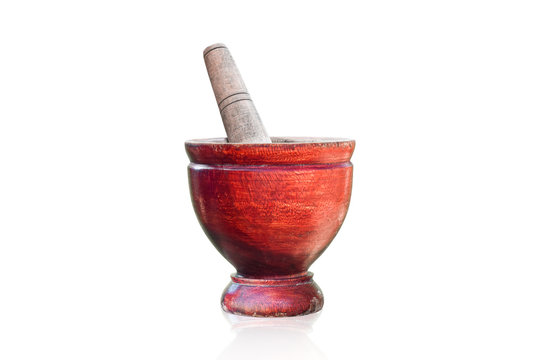 Wooden Mortar And Pestle Isolated On White Background With Clipping Path. For Use Kitchen Utensils.