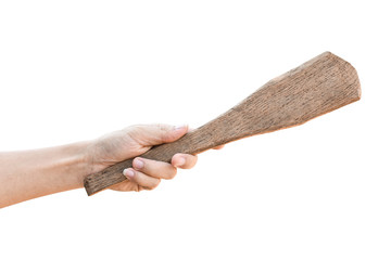 Hand holding old wooden ladle, Isolated on white background with clipping path.