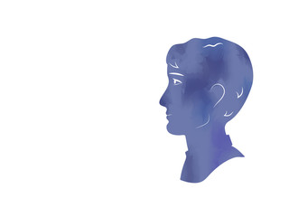 Male with short curly hair head portrait in blue, watercolor effect, profile silhouette, vector