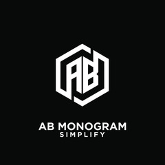 ab, ba, a b initial monogram hexagon letter white logo design with black background