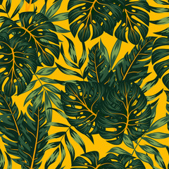 Seamless tropical pattern with green plants and leaves on a colorful yellow background. Hand draw texture. Vector template. Seamless exotic pattern with tropical plants. Hawaiian style.