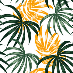 Fototapeta na wymiar Summer seamless tropical pattern with plants and leaves on a white background. Illustration in Hawaiian style. Jungle leaves. Botanical pattern. Creative abstract background. Exotic wallpaper.