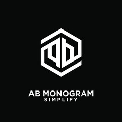 ab, ba, a b initial monogram hexagon letter white logo design with black background