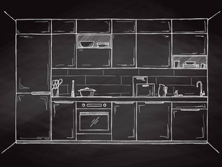 Sketch of the kitchen, front view. Vector
