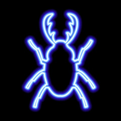 Blue neon stag-beetle sign on a black background