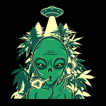 Alien smoking marijuana with ufo in the background