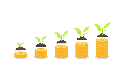 Growing plants on stacks of gold coins. Business growth concept. Investment profit. Money management. Income graph or chart. Wealth idea - Simple flat vector illustration.