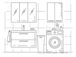 Linear sketch of an interior. Part of the bathroom. Vector