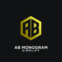gold ab, ba, a b initial monogram hexagon letter black logo design with black background