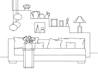 Sketch a cozy living room in boho style. Sofa, table and various decor elements. Vector illustration