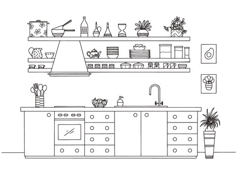 Hand drawn kitchen. Kitchen furniture. Vector illustration