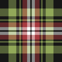 Tartan plaid pattern seamless vector. Dark herringbone check plaid background texture in nearly black, soft red, green, and white for scarf, blanket, throw, poncho, or other modern fabric design.