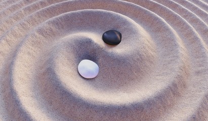 Black and white stones in sand. Yin-Yang symbol. 3D rendered illustration
