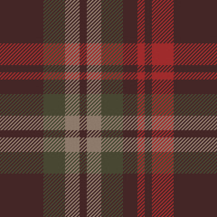 Tartan plaid pattern dark background. Seamless striped check plaid graphic in maroon brown, red, and green for scarf, flannel shirt, blanket, upholstery, or other modern textile design.