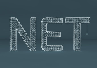 3d render or 3d illustration of net sign with little spider on grey background.