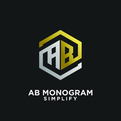 gold silver ab, ba, a b initial monogram hexagon letter black logo design with black background
