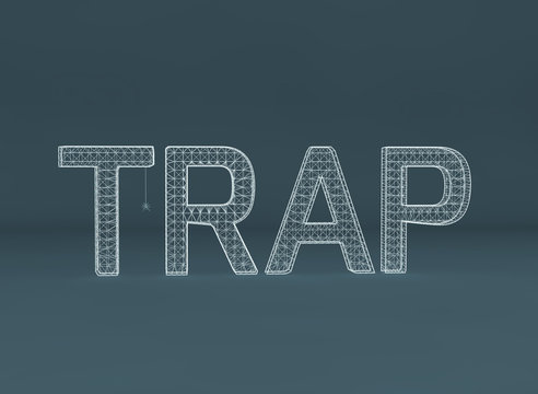 3d render or 3d illustration of TRAP sign with little spider on grey background