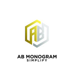 gold silver ab, ba, a b initial monogram hexagon letter black logo design with white background