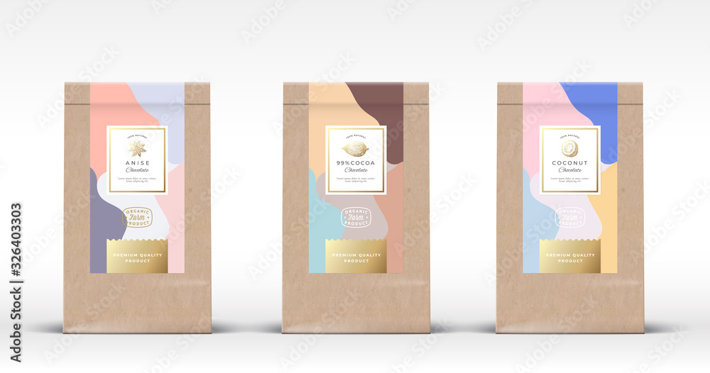 Wall mural craft paper bag with chocolate labels set. abstract vector packaging design layout with realistic sh