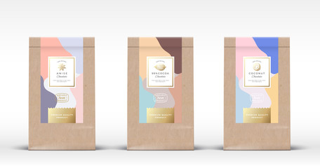 Craft Paper Bag with Chocolate Labels Set. Abstract Vector Packaging Design Layout with Realistic Shadows. Hand Drawn Coconut, Anise Spice and Cocoa Bean Sketch Silhouettes Background.