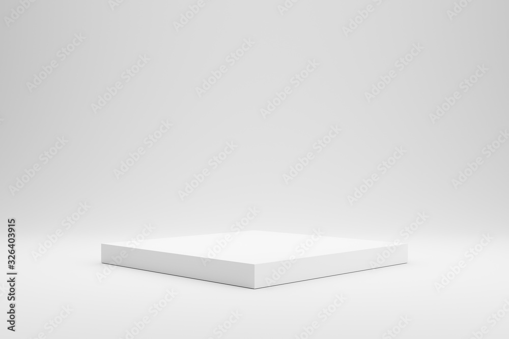 Poster Empty podium or pedestal display on white background with box stand concept. Blank product shelf standing backdrop. 3D rendering.