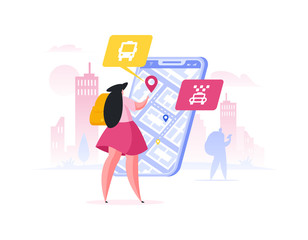 Traveler planning route in smartphone app. Flat cartoon people vector illustration