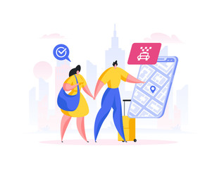 Couple ordering taxi through app. Flat cartoon people vector illustration