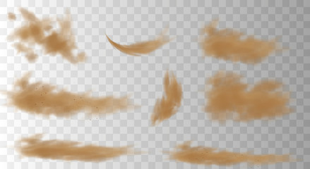 Set of realistic trails Road dust, dust from under the wheels, from under the horses' hooves isolated on a transparent background. Brown dusty cloud or dry sand flying with a gust of wind. 